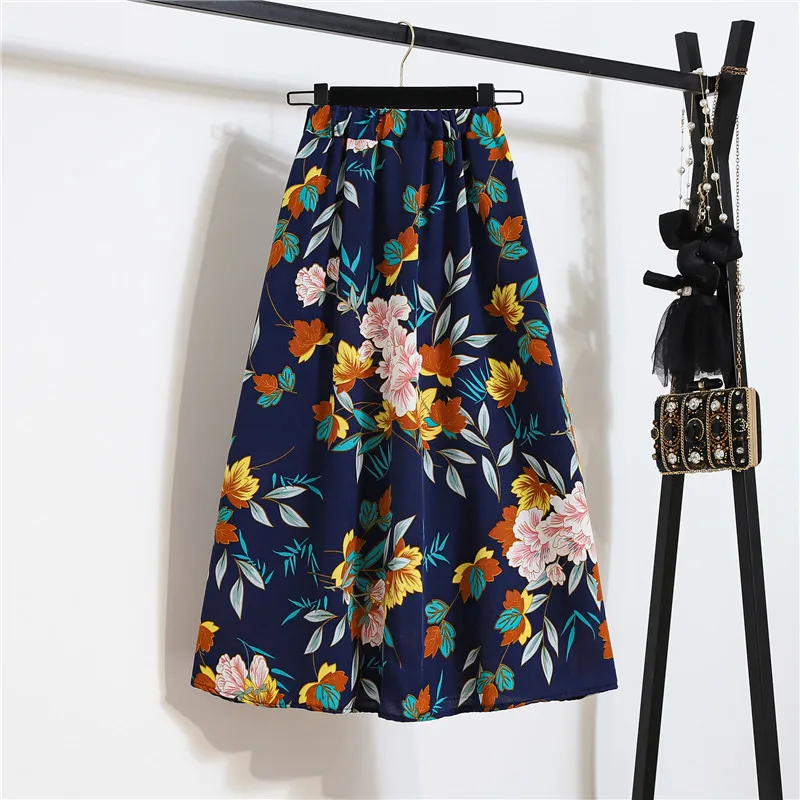 High-waist Floral Women's Skirt Chiffon Big Swing A-line Long Summer Skirt Femel Clothes satin midi skirt