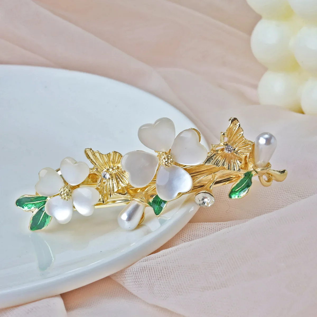 Elegante Opal Klee Blume Frühling Clip Haar Clip frauen Hinterkopf Halb gebunden Haarnadel Koreanischen Stil Schmetterling Haar zubehör – Detail 1
