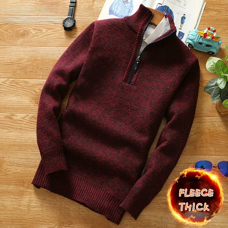 

2024 Autumn Winter Mens Fleece Thicker Sweater Men Half Zipper Turtleneck Warm Pullover Male Slim Knitted Wool Sweaters