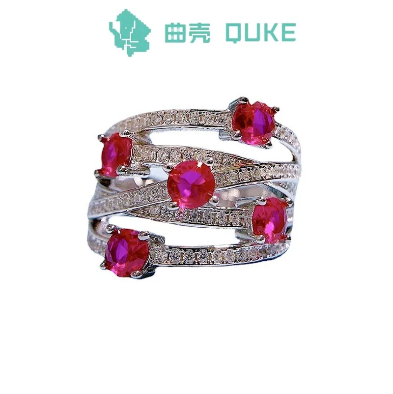 

2023 New 925 Silver European and American Style Light Luxury Ruby Cross Geometry Ring Women's Jewelry Dinner Party