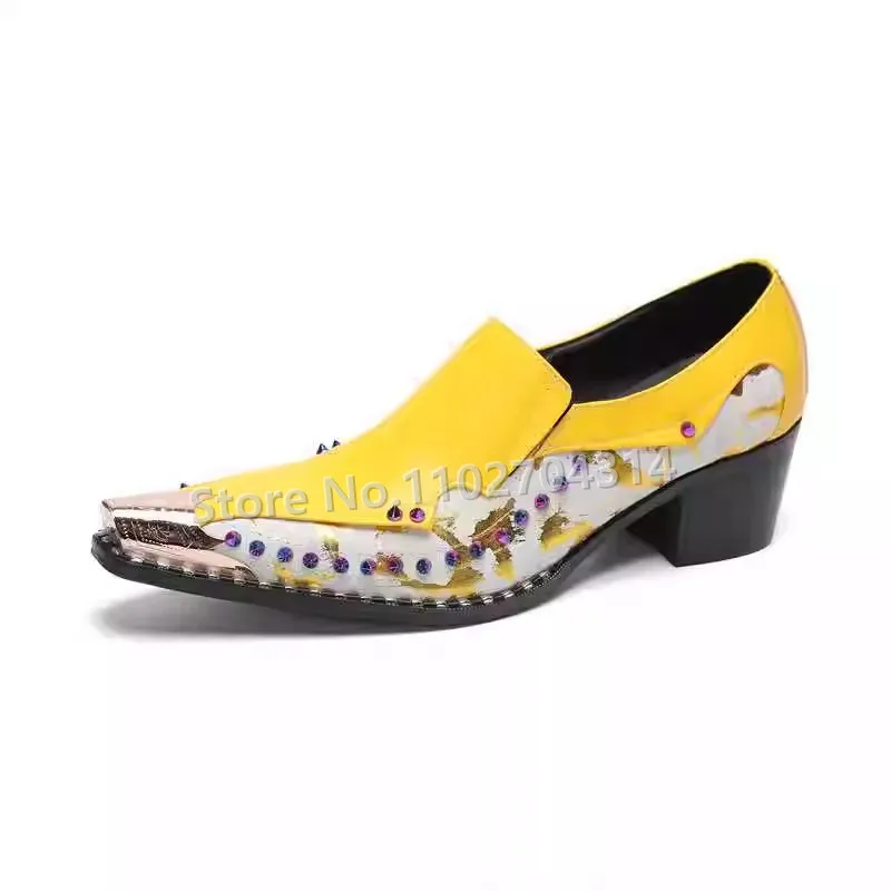 

Fashion Mixed Color Rivet Leisure Shallow Slip-On Male Loafers British Style Square Toe Chunky Heel Men's Business Dress Shoes