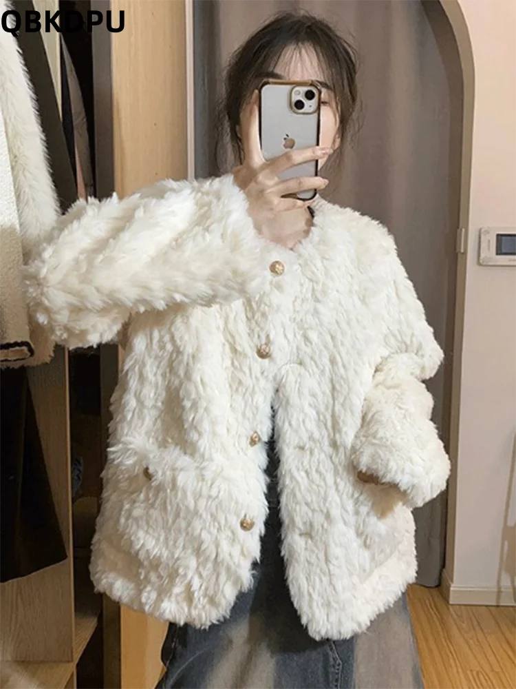 

Зимние Теплые Куртки из искусственной шерсти, свободные женские утепленные пальто из овечьей шерсти, Повседневные Плюшевые боди с круглым вырезом, корейские плюшевые бархатные подкладки, Chaqueta