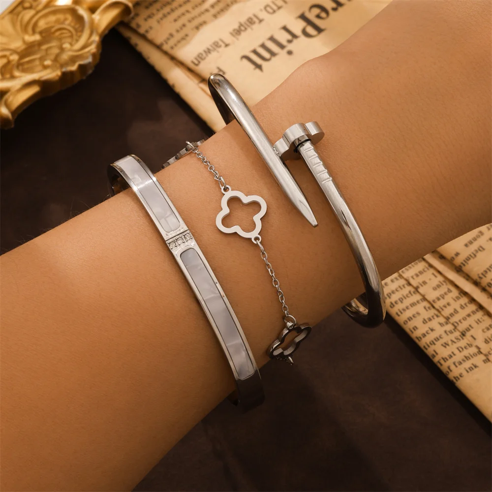 3pcs/2pcs Stainless Steel Four-Leaf Clover Stacked Bracelets Set 18K Gold Plated Couple Jewelry Lucky Charm Holiday Gift 3