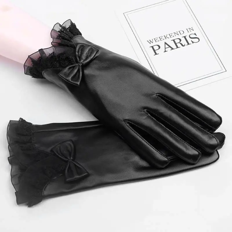 Elegant Lady Glove Lace Bowknot Winter Warm Women Faux Leather Full Finger Ski Gloves Warm Driving Motorcycle Gloves 4