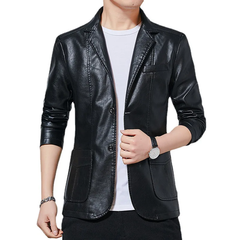 Men's suit leather jacket fashion handsome jacket youth Spring and Autumn new large size slim PU leather men's clothing Korean version fat work clothes handsome thin jacket men s large loose spring and autumn leisure fashion korean handsome leather