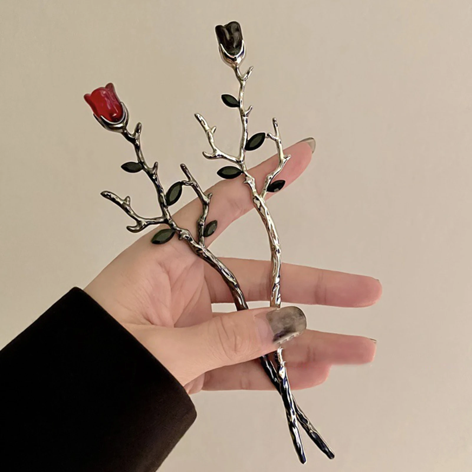 고딕 스타일 장미 꽃 비녀 중국 머리핀, 머리 장식, 고급 롱 스트레이트 비녀, 헤어 스타일링 DIY 액세서리