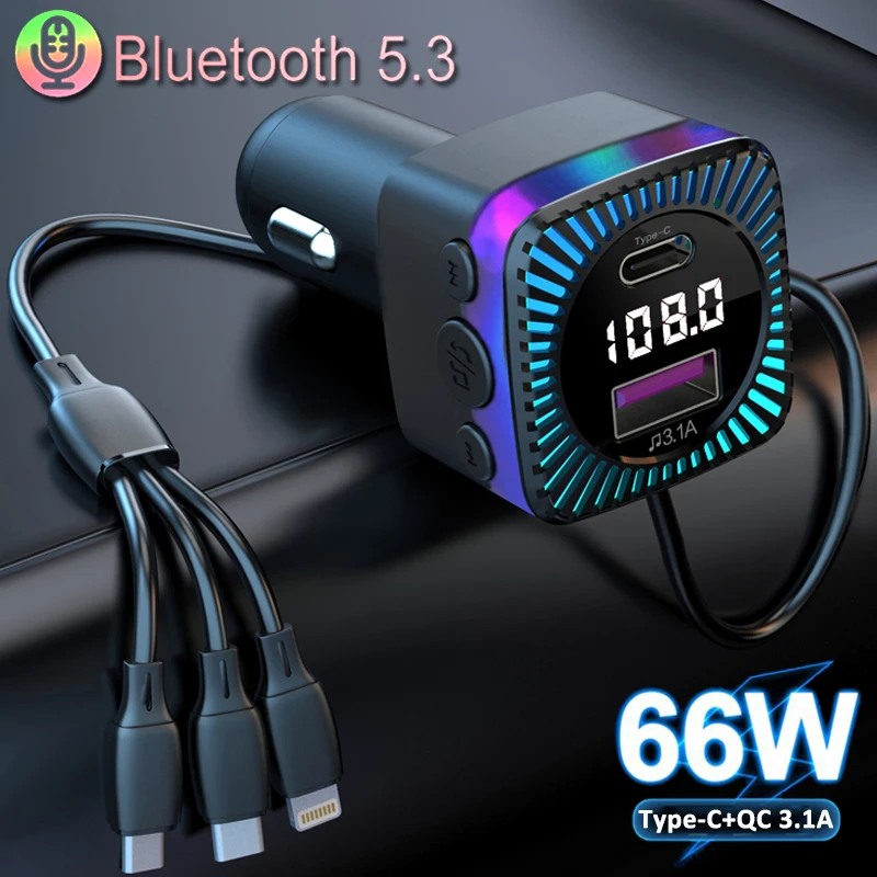 Transmetteur FM Bluetooth 5.3, Chargeur de Voiture Rapide 66W PD