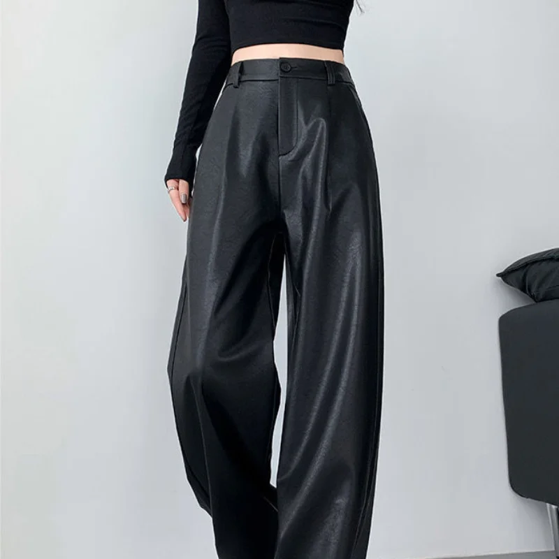 Women's Autumn Winter Korean New High Waist PU Leather Pants Fashion Windproof Warm Button Zipper Loose Versatile Wide Leg Pants