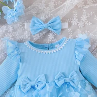 0-18M Baby Dress With Headband Long Sleeve Blue Flower Dress Infant Party Dresses Bow Floral Mesh for Newborn Birthday Party 2