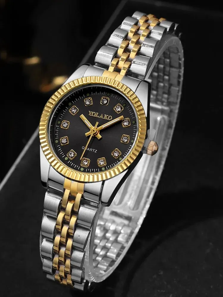 1pcs Women's Fashion Round Room Gold Steel Band Quartz Wristwatch 5