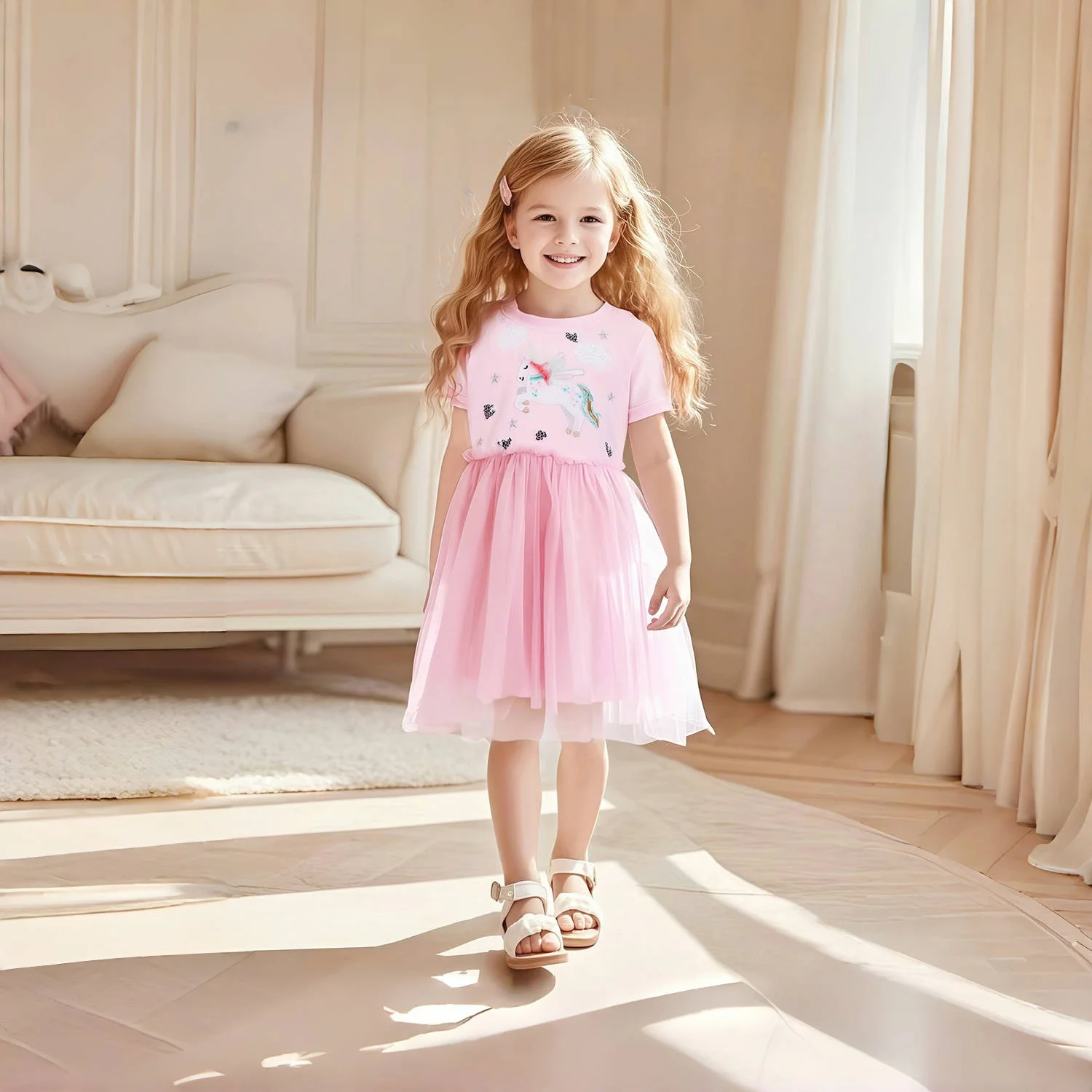 Children's Clothing Baby Girls 2025 Summer Embroidered Cartoon Casual Unicorns Dresses Pink Dresses Kids Clothes