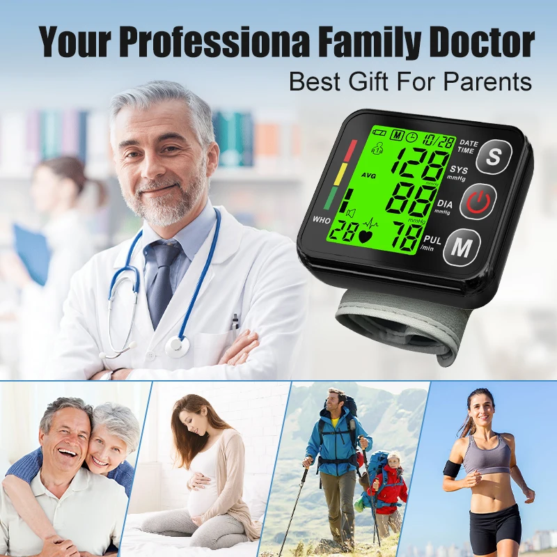 Backlit LCD Wrist blood pressure monitor 3Colors Digital Sphygmomanometer Heart Rate Arrhythmia Pulse BP Monitor