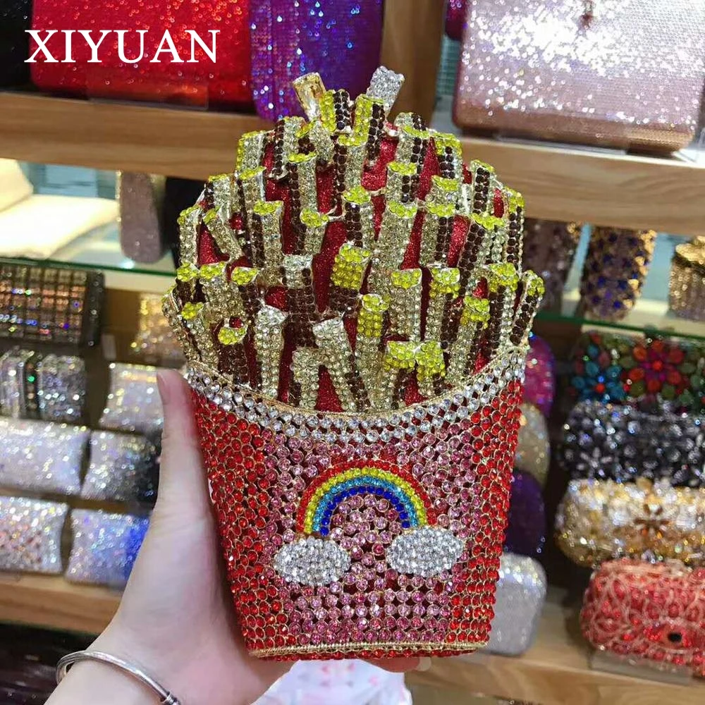 XIYUAN 프렌치 프라이 모양 블링 크리스탈 클러치 지갑, 이브닝 백, 여성용 핸드백, 웨딩 파티 다이아몬드, Minaudiere 지갑, 골드