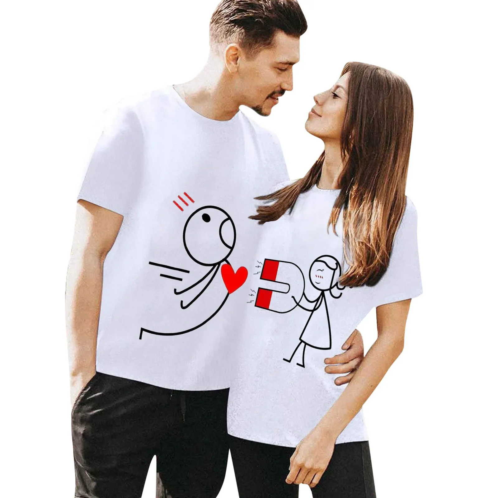 T-shirt do dia dos namorados dos homens e das mulheres, roupa de casal, estampar figurativo, europeu, americano, camisas gráficas confortáveis, novo