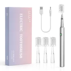 Women's Electric Toothbrush with DuPont Bristles - Elegant Design, 4 Brush Heads, Waterproof (Silver)