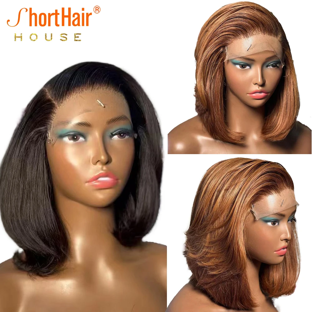 Honey Blonde Lace Front Human Hair Wigs Brazilian Wavy Bob Wigs Pre-Pucked Side Part Lace Closure For Black Women Natural