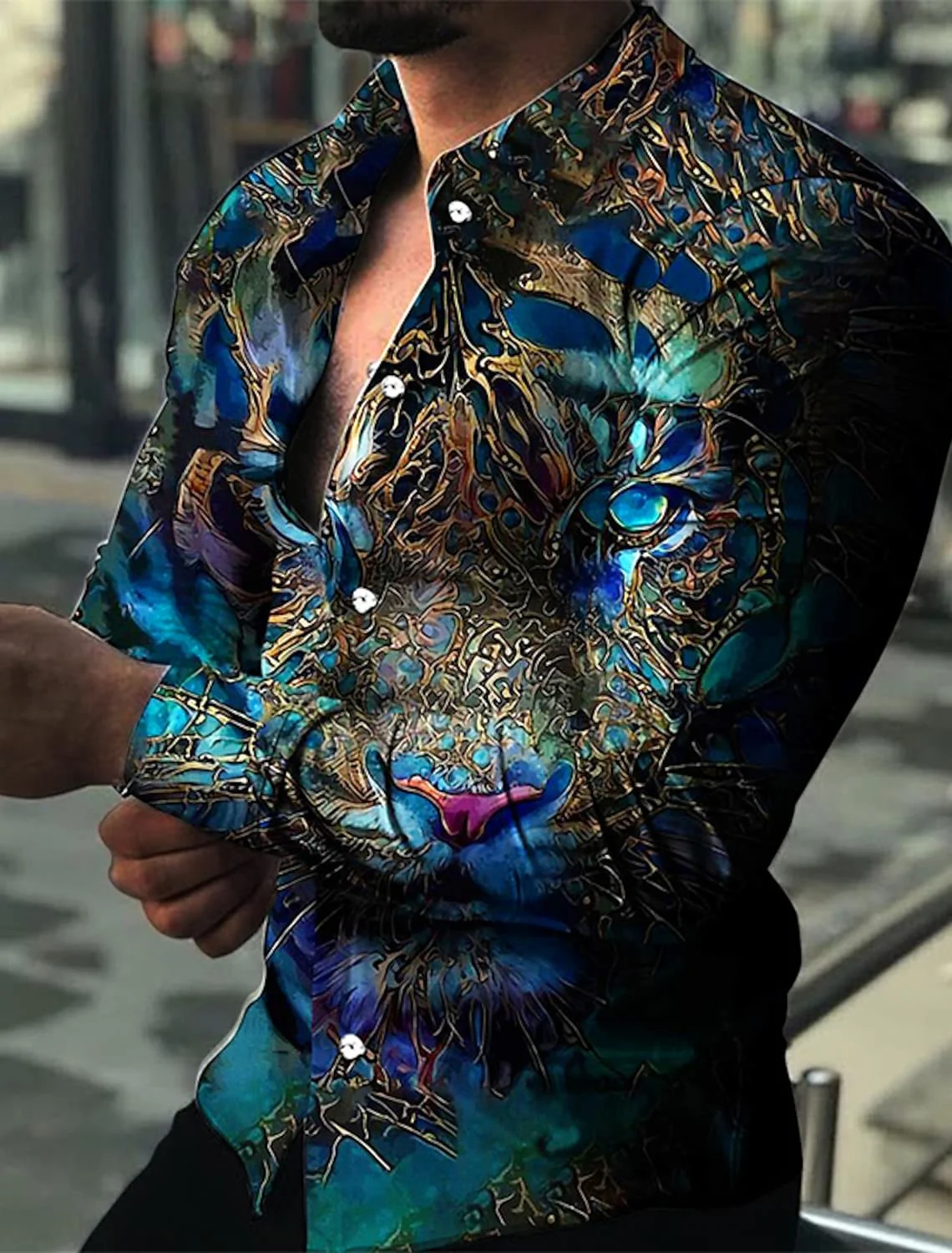 Hawaiian Men's Printed Long Sleeve Shirt, Loose Breathable Oversized Top, Summer Wear, 2023 Cool Animal Print