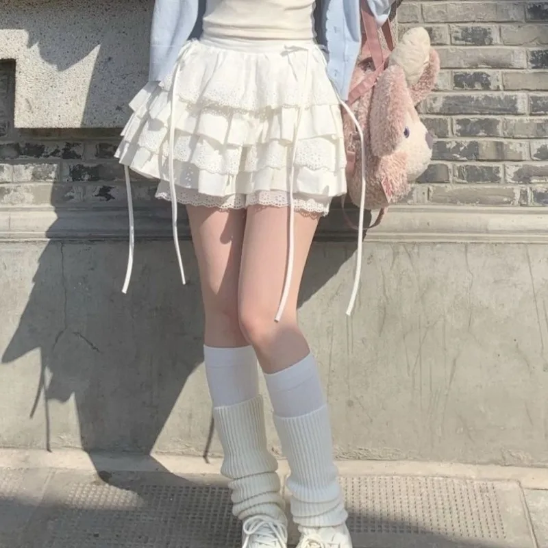 White Mini Skirts Women Lace Patchwork Sweet A-line High Street Bow Korean Fashion Y2k Skirt Harajuku All-match Streetwear Ins 3
