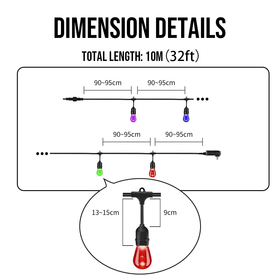 10m 20m 30m Smart LED String Lights Commercial Grade Waterproof Outdoor RGB S14 Bulb Wifi Tuya Festoon Garden Wedding Decoration