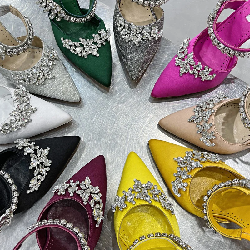 

2023 Autumn New Fashion High Heels Stiletto Pointed Wheat Ear Rhinestone Single Shoes Satin Wedding Shoes Slippers