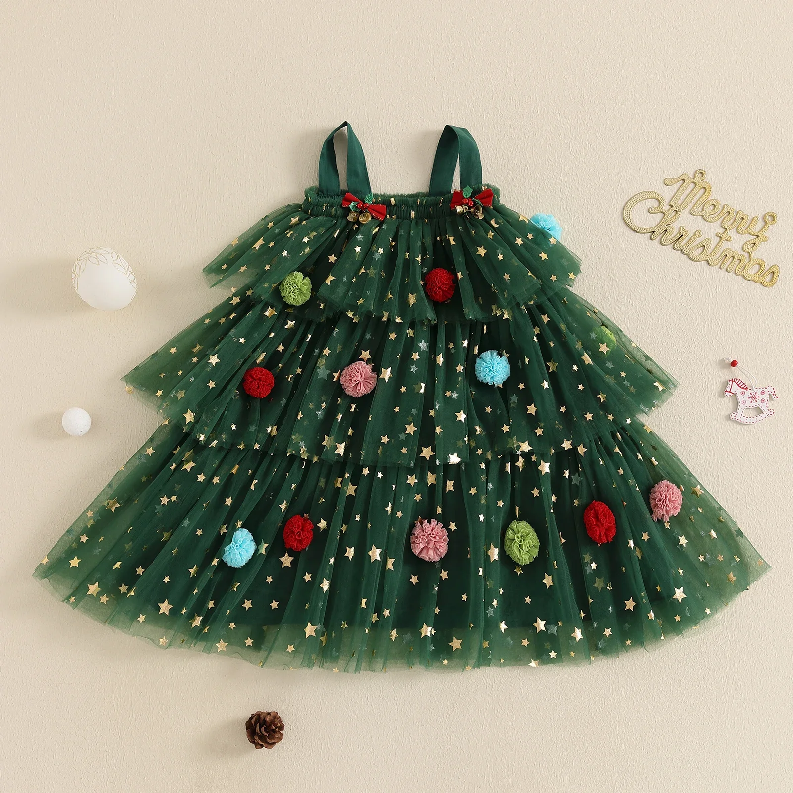Girls Dress Kids Christmas Sleeveless Star Print Lace Tulle