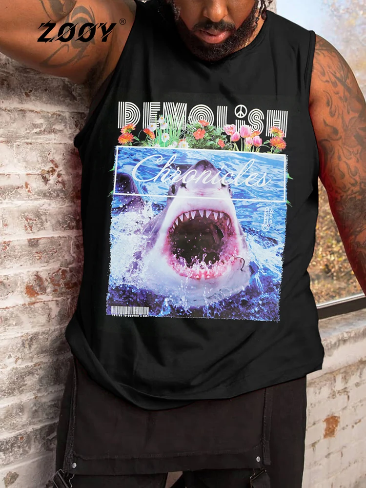 Zooy (L-9Xl) Plus Size Vintage Street Fashion Shark Monogram Print Vest