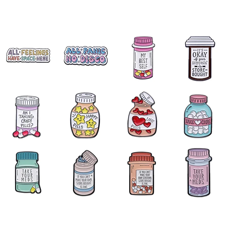 Kreative Liebe Pille Medizin Jar Emaille Pin Lustige Glücklich Nehmen Pflege Musik Pflaster Brosche Revers Abzeichen Rucksack Schmuck Großhandel
