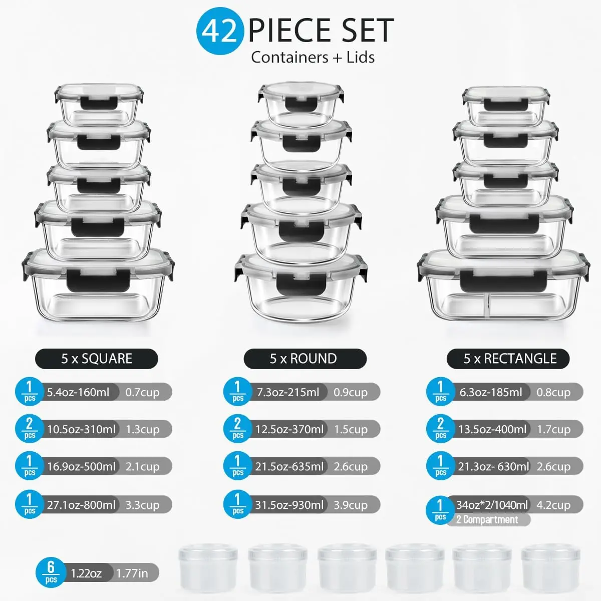 42pcs Glass Food Containers with Lids Set, 21 Containers & 21 Lids Include One 2 Compartments Glass Meal Prep wi
