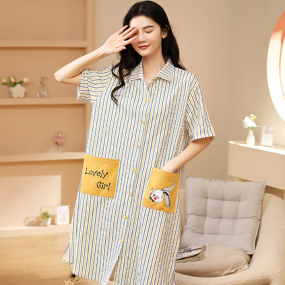 100% Cotton Night Dress Women Korean Style Sweet New Dress Casual Loose Striped Nightgown Summer Thin Breathable Pijama Mujer