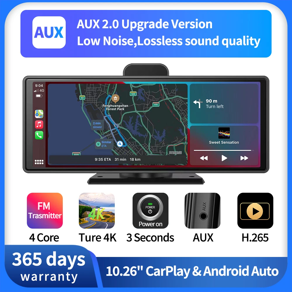 True 4k 10.26" Car Dvr Carplay Android Auto Wifi Dash Cam Aux Output