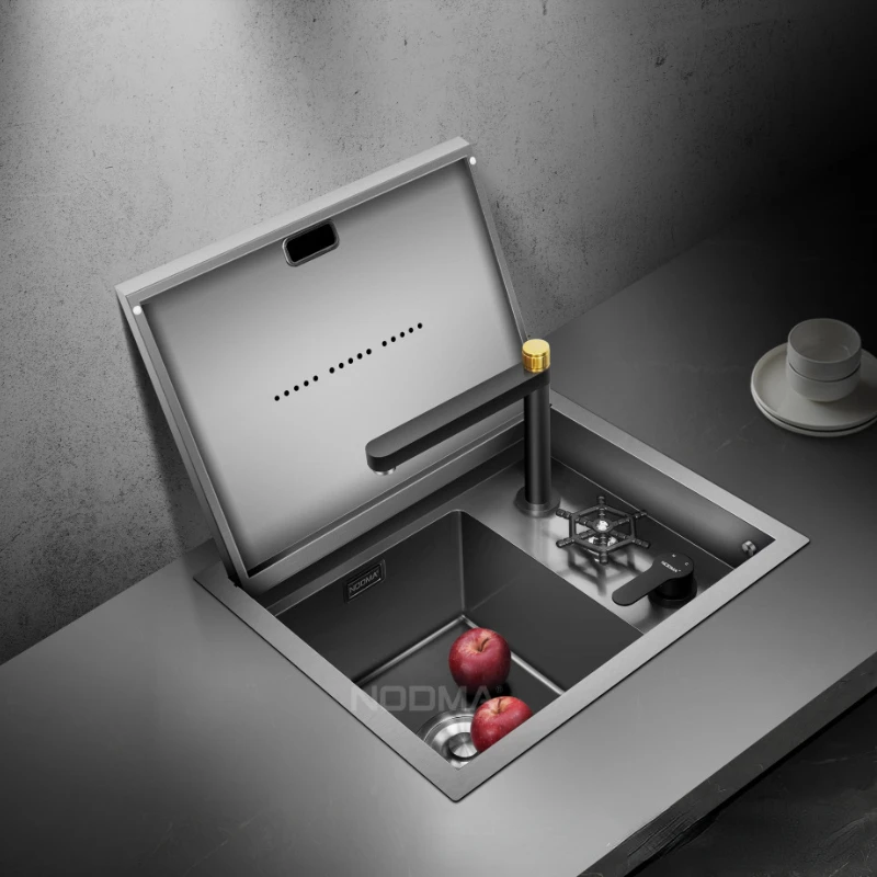 

Black nano 304 stainless steel sink hidden With cover plate Cup washing machine sink Paired with lifting faucet