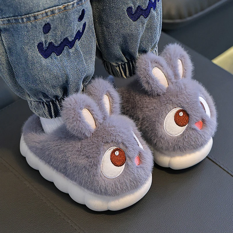Cute Rabbit Children's Cotton Slippers Infoor Non Slip Soft Bottom Fluffy Slides Children Winter Warm Plush Slippers Women 24-41