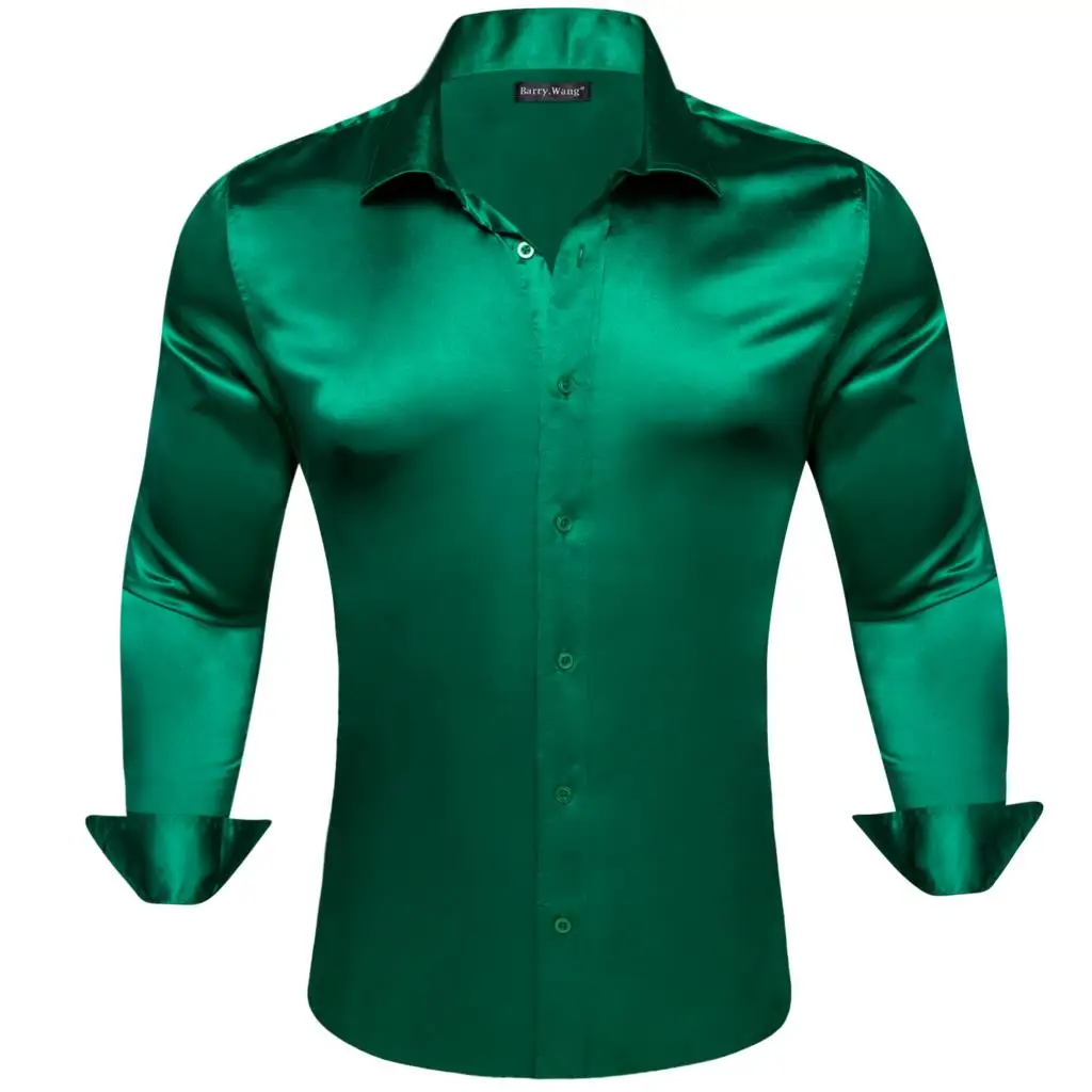 

Designer Silk Mens Shirts Mercerized Solid Satin Green Long Sleeve Casual Business Slim Fit Male Blouses Tops Barry Wang