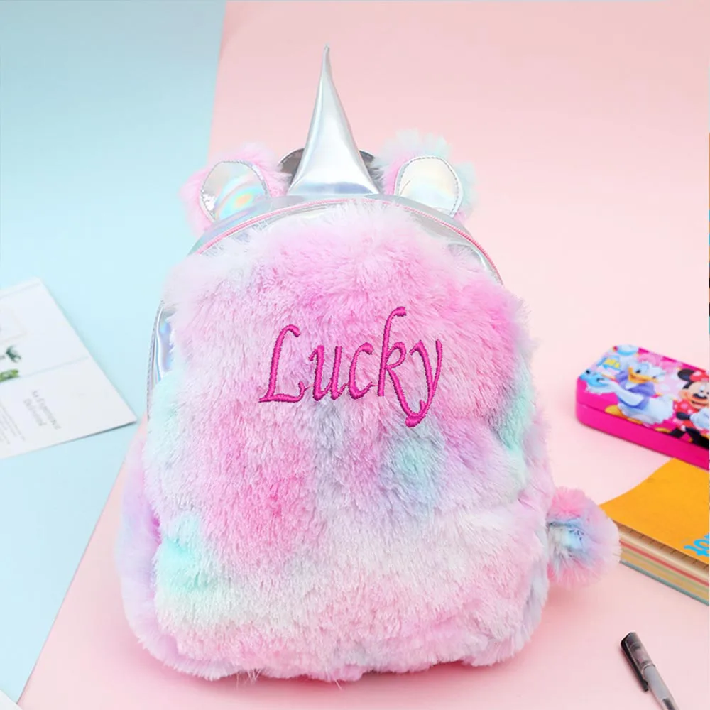 

New Embroidered Name Unicorn Plush Female Backpack Custom Name Student Schoolbag Ladies Fashion Travel Bags High Quality