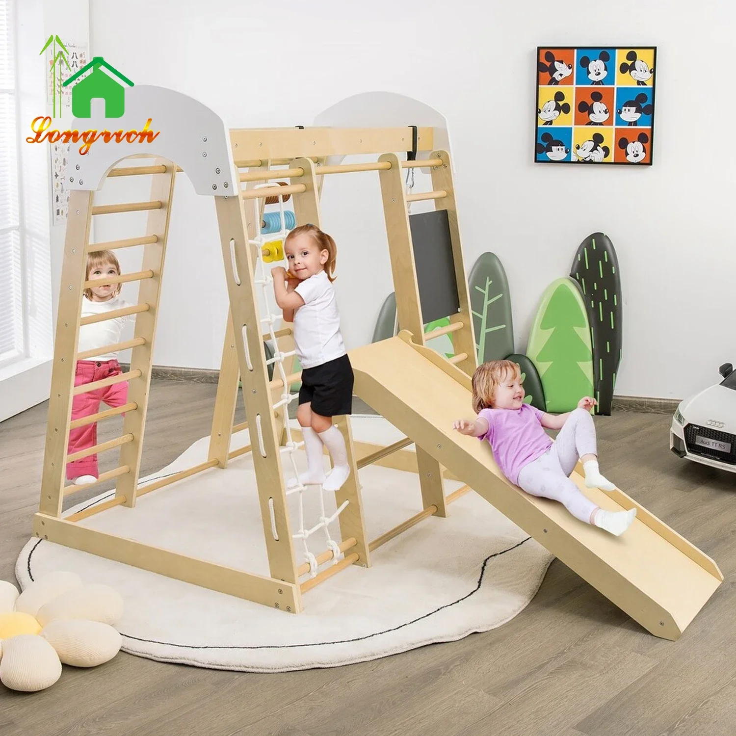 indoor kids wooden wall climbing frame play park triangle Jungle Play Gym Toddler Slide Wooden climbing toy