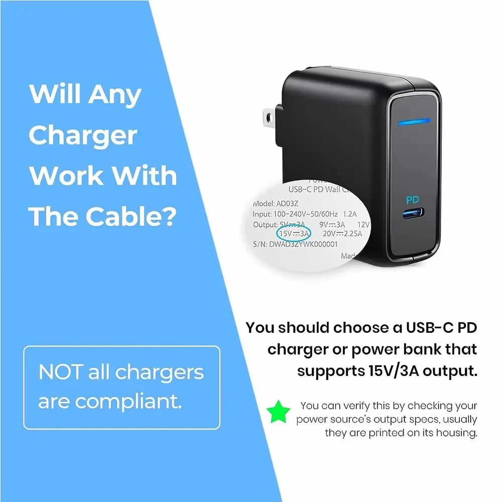 Universal 15V 3A USB-C PD Power Supply Charger Adapter with Cable