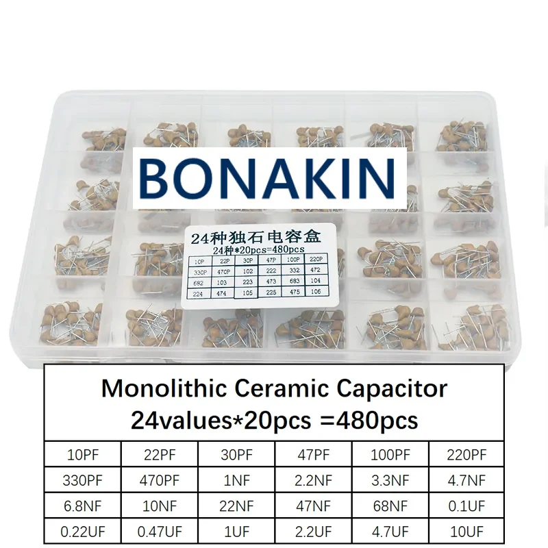 

24values*20pcs =480pcs Monolithic Ceramic Capacitor 10pF~10uF,ceramic capacitor Assorted Kit + BOX