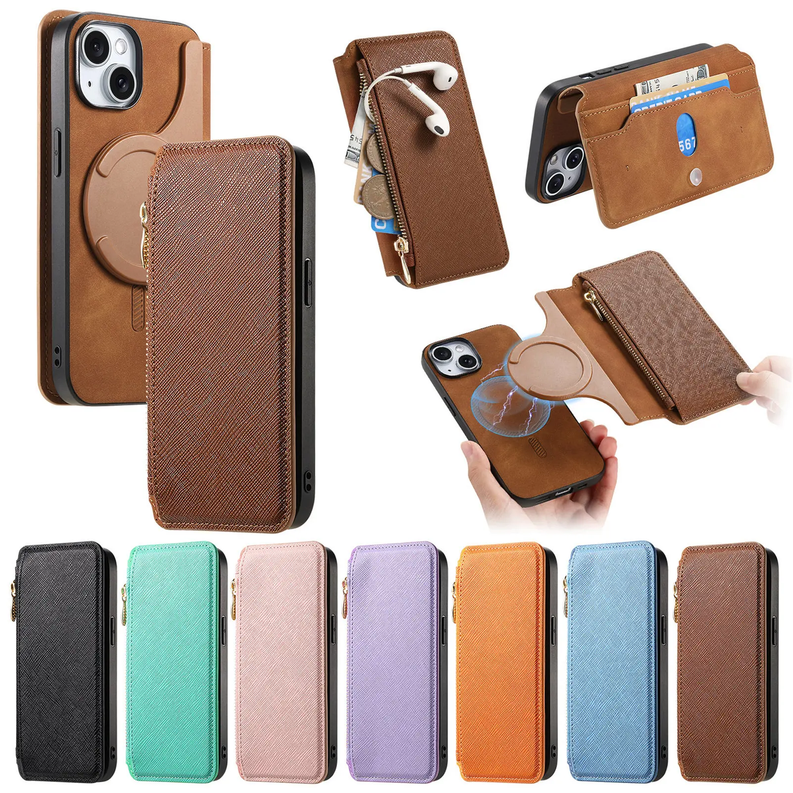 2 in 1 Magnetkarten-Solt-Reißverschlusstasche Leder-Geldbörsenhülle für iPhone 16 Pro Max 15 Plus 14 13 12 11 XS Kabellose Ladeabdeckung_voghion.com