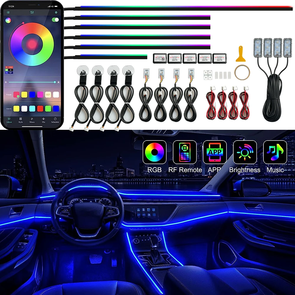 18 in 1 Universal Car LED Ambient Light Symphony Rainbow Interior RGB Neon  Acrylic Strip Atmosphere Lighting With App Control - AliExpress
