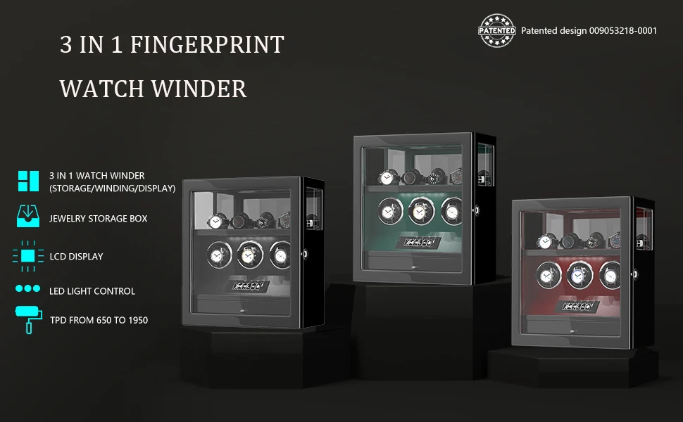 Seda4a15b8f8141ce8c58869866f7d1a3B Fingerprint Unlock Automatic Watch Winder 3 Slots Display and Jewelry Storage Drawer Remote Control Watch Safe Box