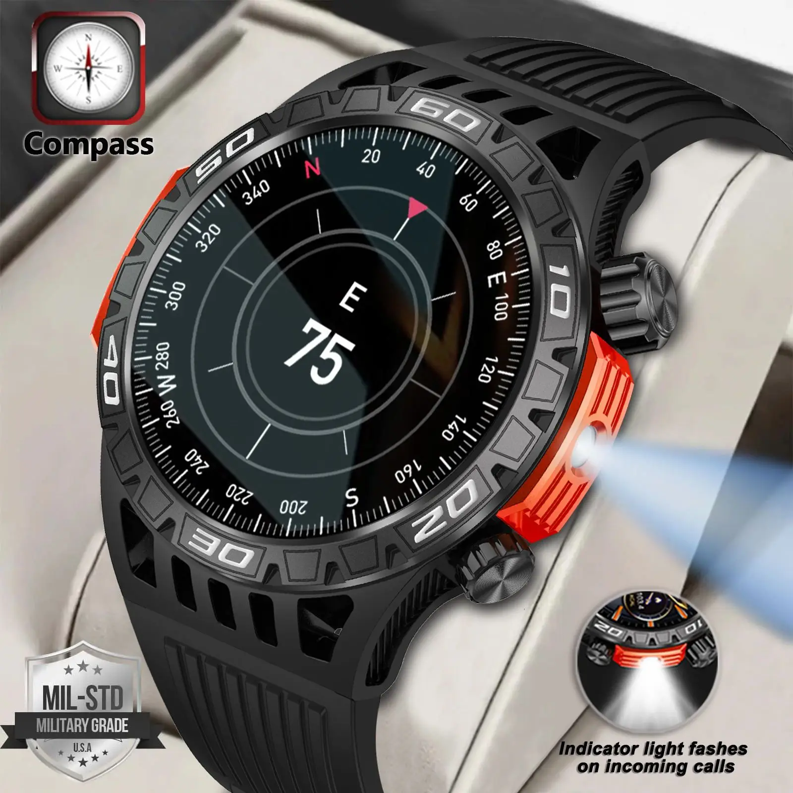 2024 New Rugged Military Smart Watch Men Compass Led Light Amoled Hd Screen Bluetooth Call Waterproof Outdoor Sport Smartwatch