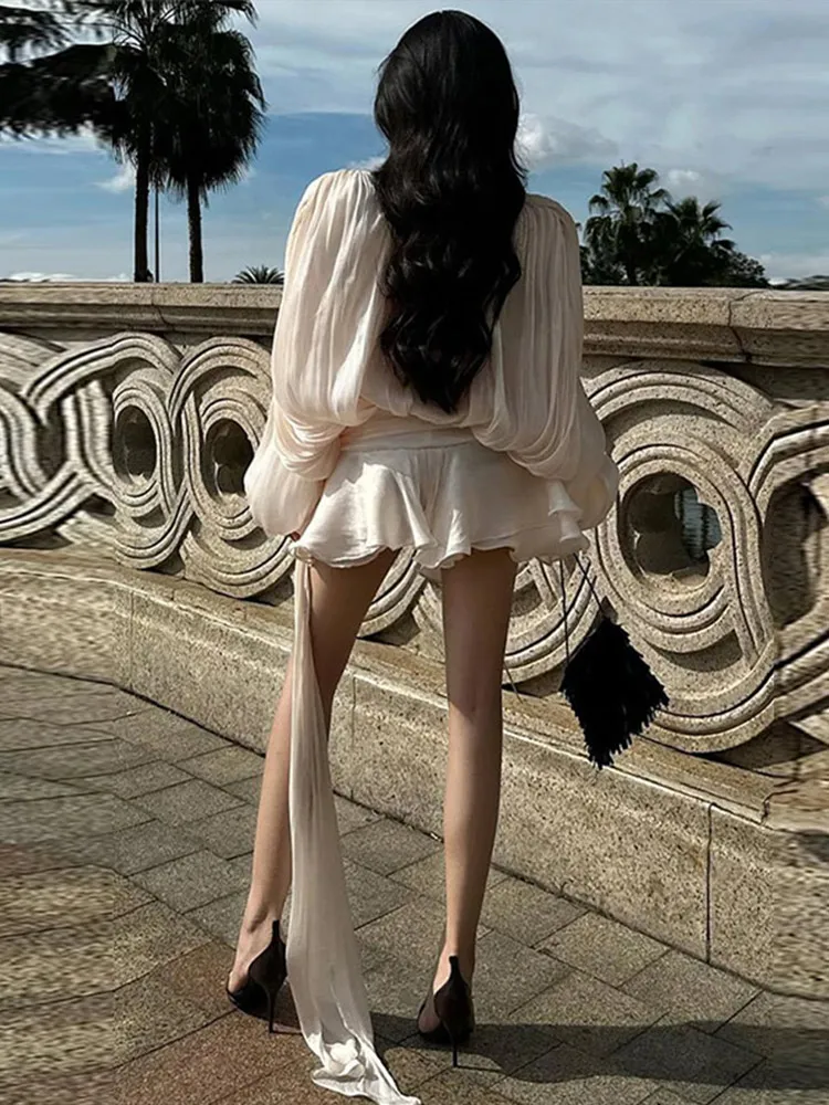 Ruffles Lace Up Women Dress Long Sleeve Pleated Female Mini Dresses 2025 Elegant Spring Summer Street V Neck Loose Lady Robe 4