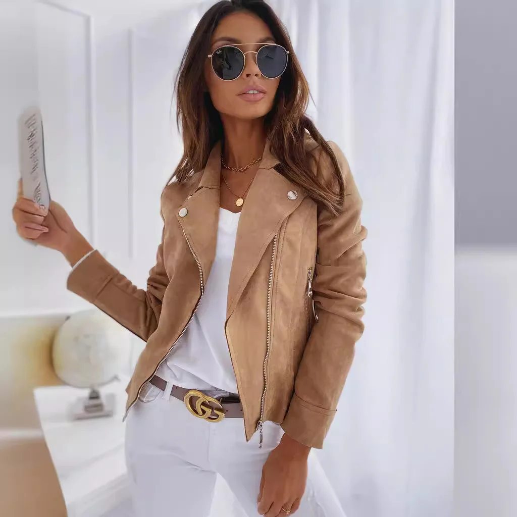 Veste Biker Femme Camel en Simili Daim | Élégance Moderne