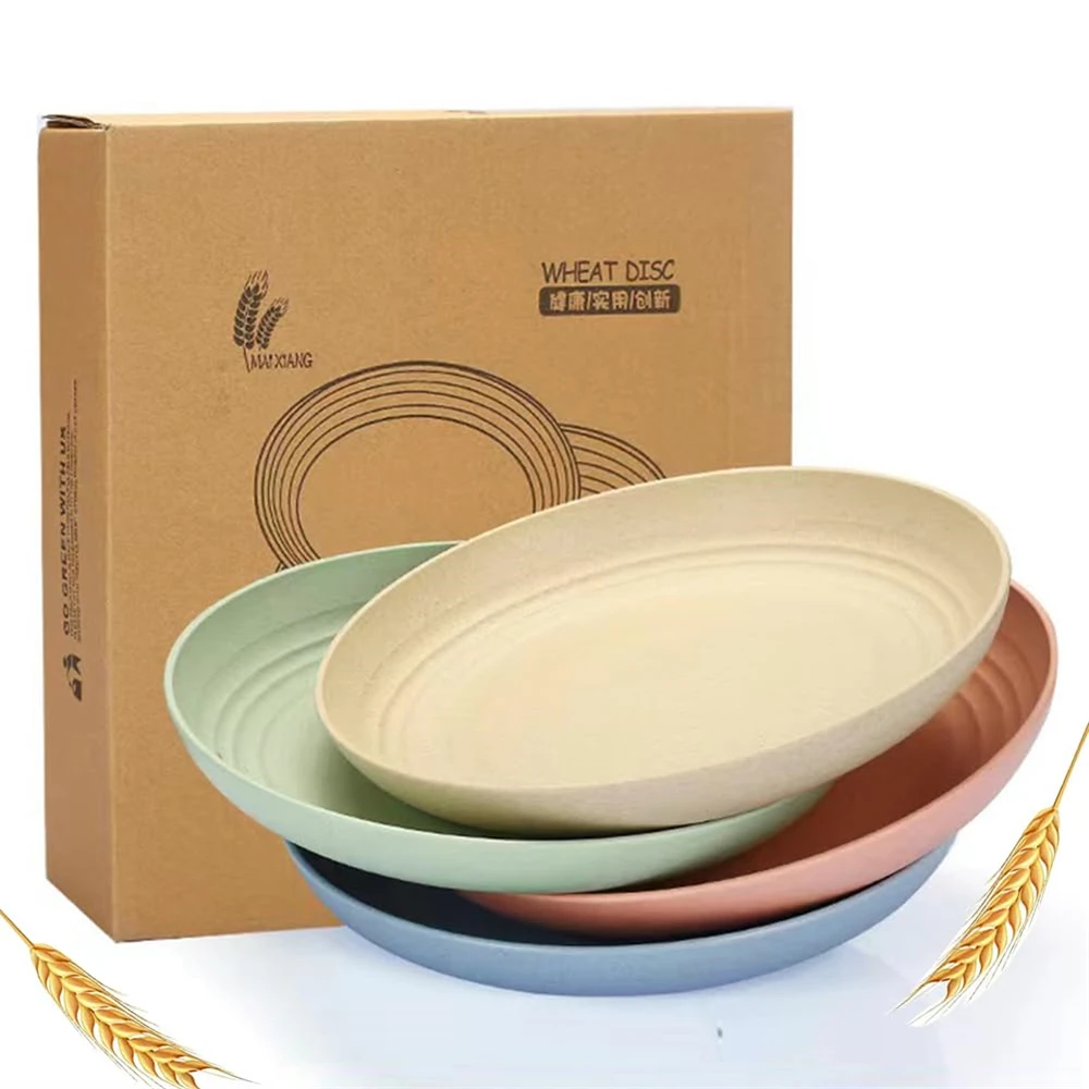 4pcs/Set Wheat Straw Plate Lightweight Unbreakable Reusable Dinner Dishes Plates Dishwasher & Microwave Safe for Kitchen Camping 1
