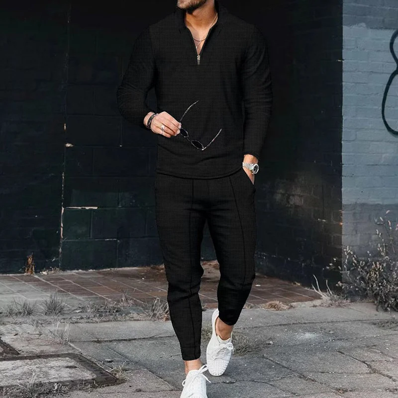 Waffle Fabric Two-piece Suits Men's Zipper V Neck Long Sleeve Tops Slim Fit Lace-up Pencil Pants Fashion Sports Casual Male Sets