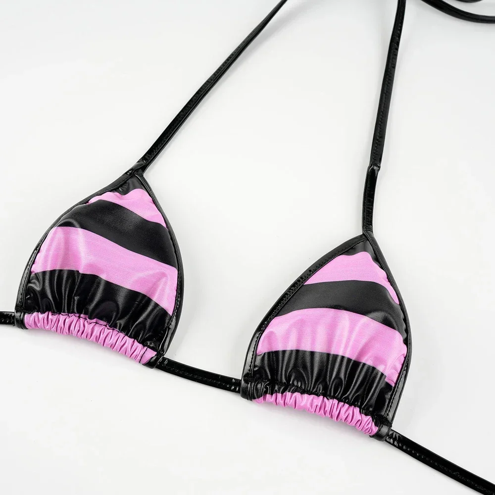 Bikini Set Bikini Swimsuit Women Swimwear Sexy Underwear Summer PU Leather Micro Bikini Set Women Swimsuit Stripes Bright Anime Swimwear Erotic Underwear Sexy Lingerie Costume