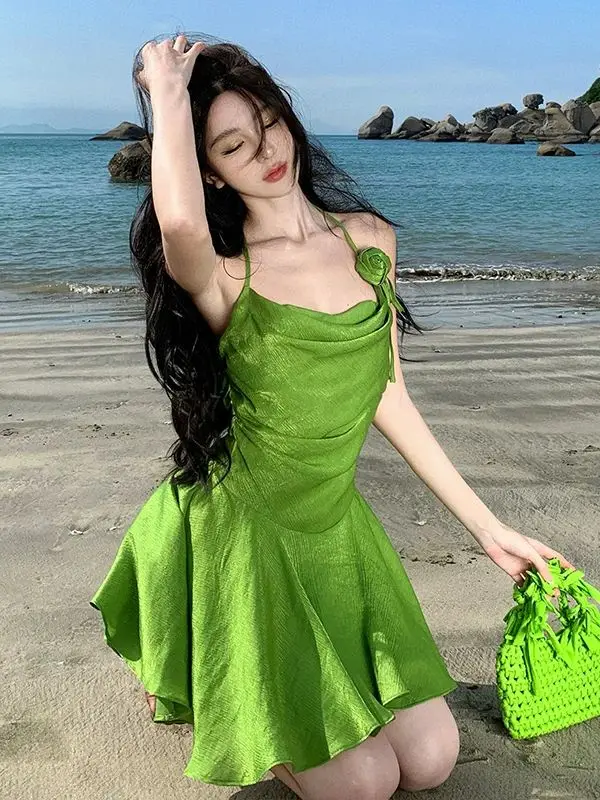 

Summer New Hanging Neck Unique Strap Dress for Women with Slim Draping and Folding Holiday Beach Skirt Short Skirt
