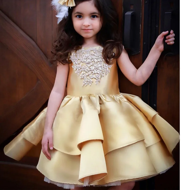 

Cute Gold Satin Flower Girl Dress Beads Lace Knee Length Princess Birthday Party Gown Kid Pageant Dress