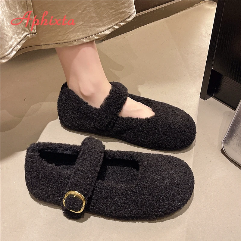 Aphixta Flat with Furry Shoes for Woman Soft Short Plush Buckle Women's Loafers Korean Style Ladies Shoe Luxury Brand Shoes