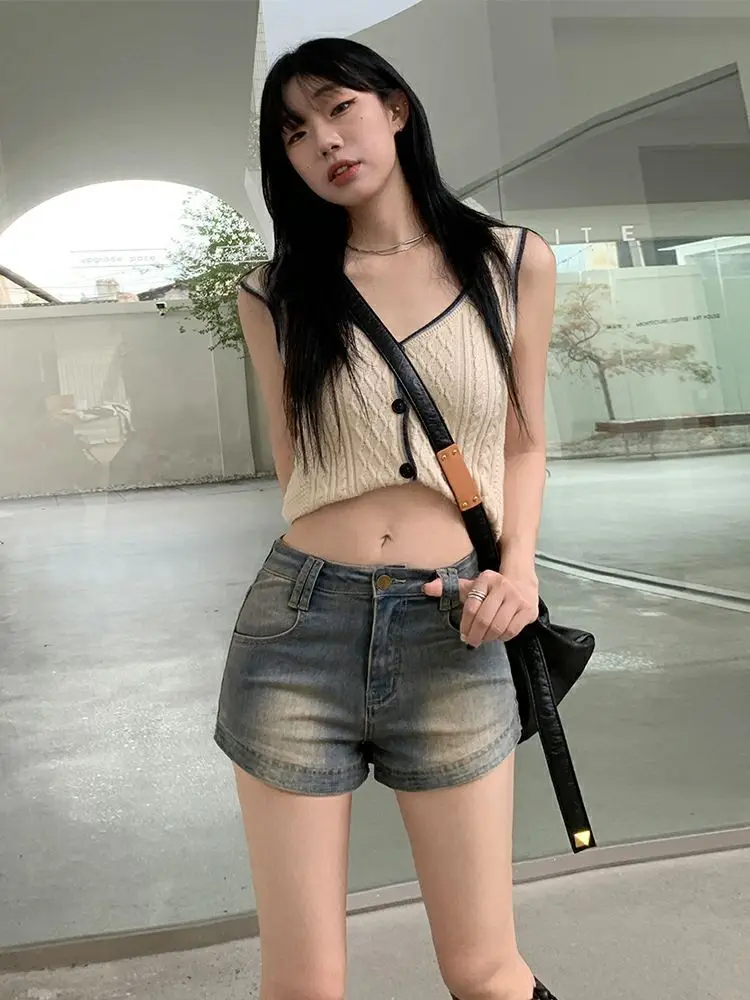 HOUZHOU Vintage Mini Denim Shorts Y2k Women High Waist Short Jeans Korean Streetwear Female Gyaru Fashion Skinny Summer Retro